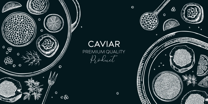 Seafood platter on chalkboard. Red caviar canape, black caviar tin, lemons sketches. Sea delicacy background for restaurant menu or finger food party. Hand drawn canned fish banner design